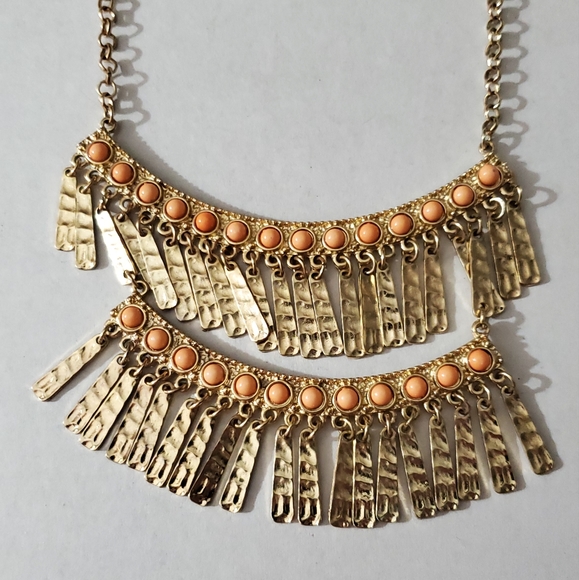 Vintage 90's necklace boho bohemian peach gold dangling bib statement euc vtg - Picture 1 of 9